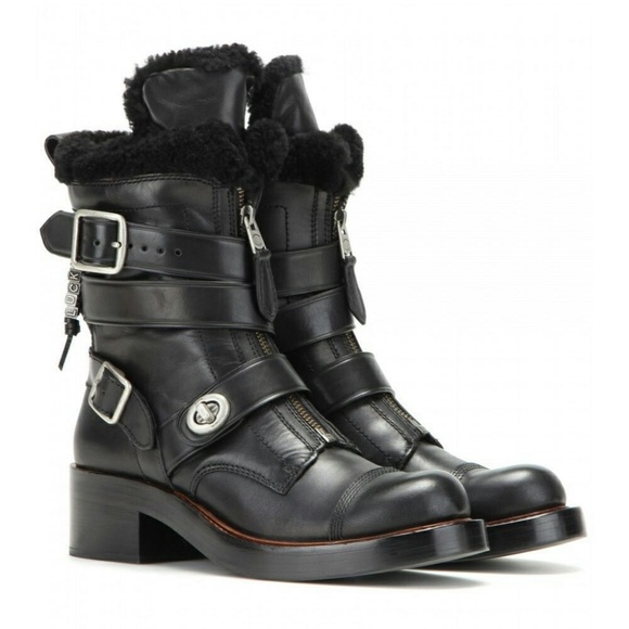 Coach Shoes - COACH Zip Moto Genuine Shearling Boots Black 6.5